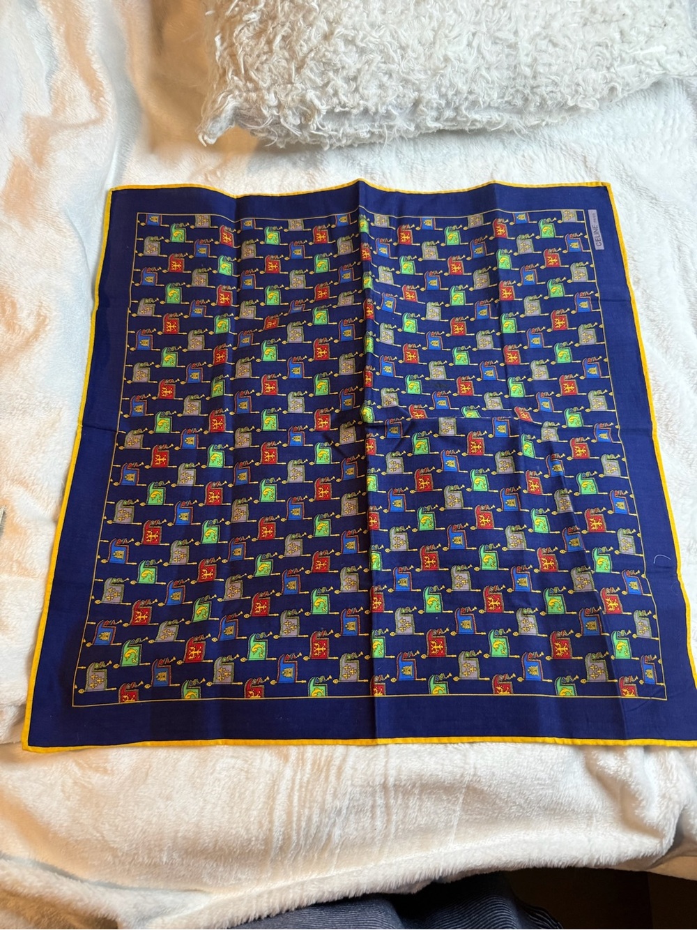 Vintage CELINE Paris Heraldic Flag Print Scarf Handkerchief 19”